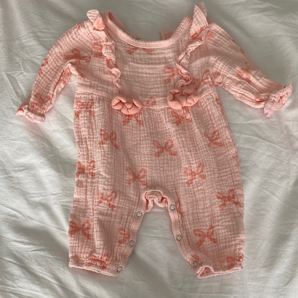 Baby Girls Pink Bow Muslin One-Piece Romper